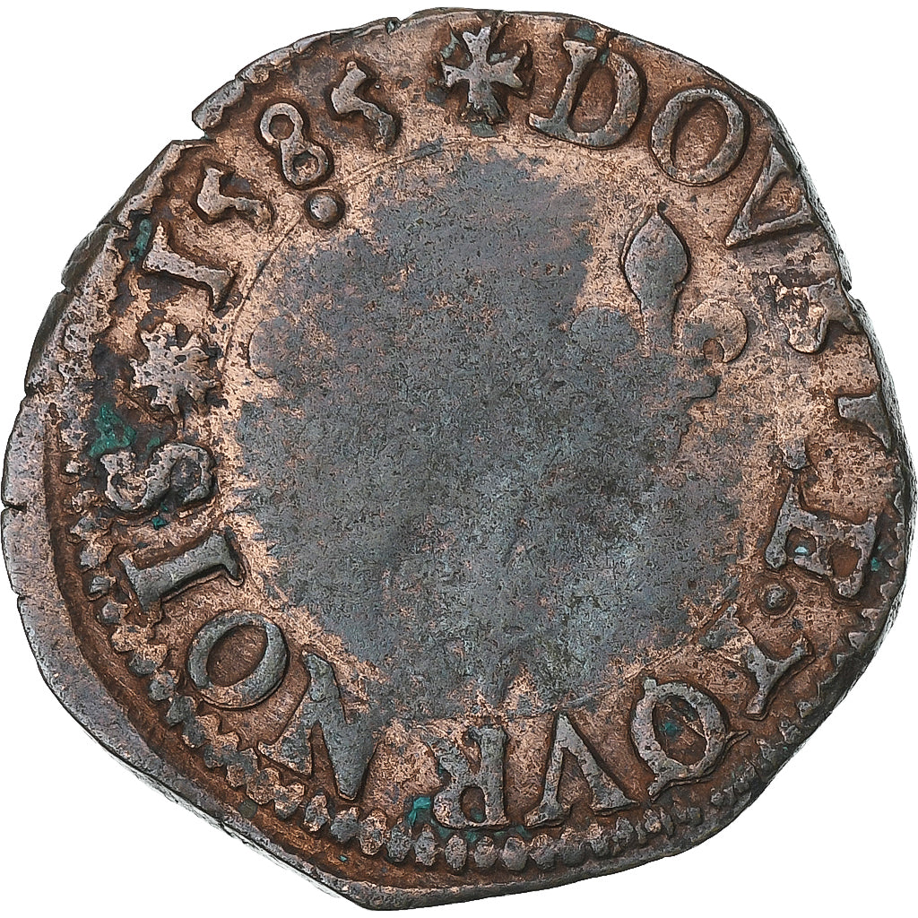 Francia, Henri III, Double Tournois, 1585, Nantes, Cobre, BC+, Gadoury:455