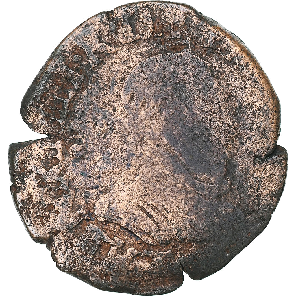 Francia, Henri III, Double Tournois, 1580, Nantes, Cobre, BC+, Gadoury:455