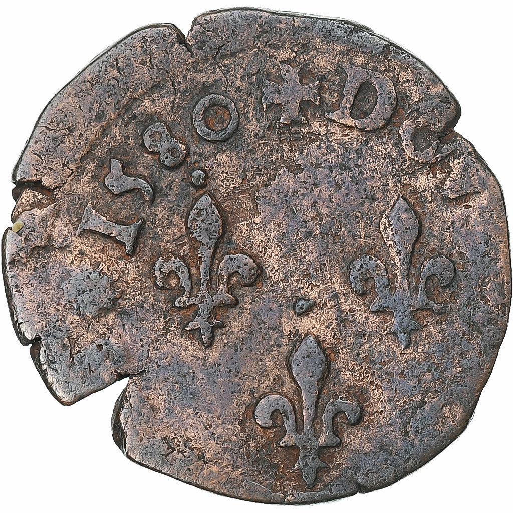Francia, Henri III, Double Tournois, 1580, Nantes, Cobre, BC+, Gadoury:455