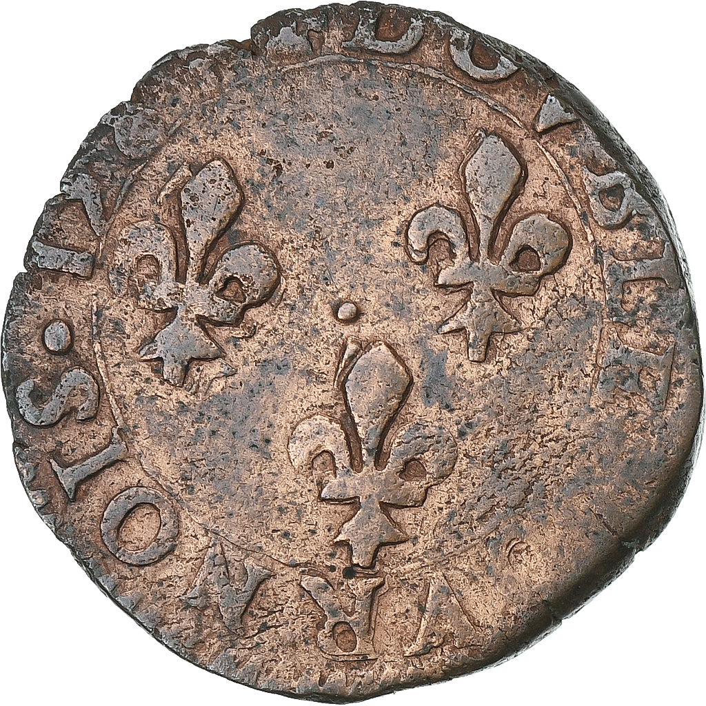 França, Henri III, Double Tournois, 1584, Tours, Cobre, VF(20-25), Gadoury:455