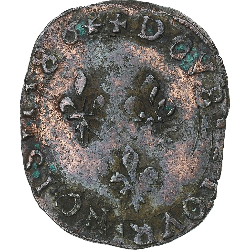 France, Henri III, Double Tournois, 1586, La Rochelle, Cuivre, TTB, Gadoury:455