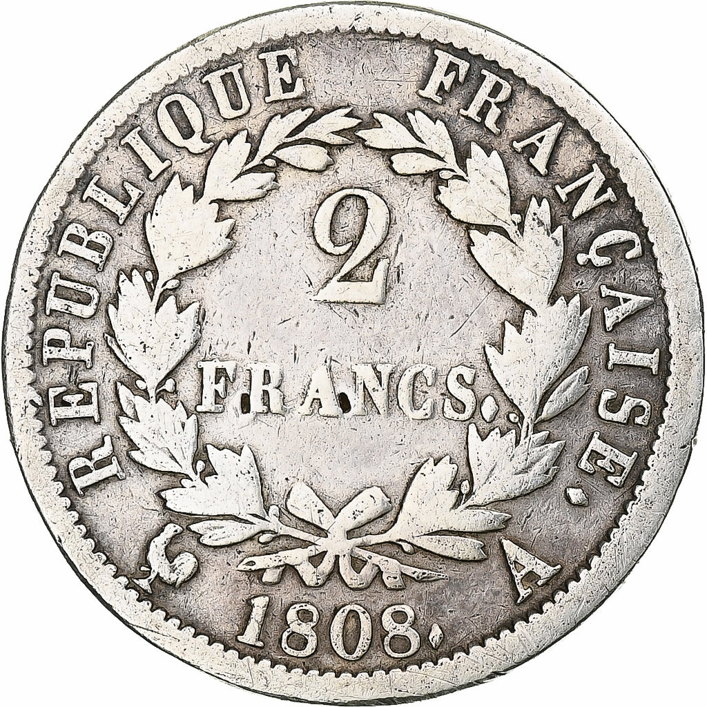 Francia, Napoleon I, 2 Francs, 1808, Paris, Plata, BC+, Gadoury:500, KM:684.1