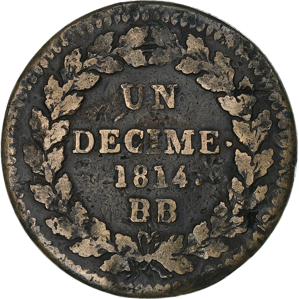 France, Louis XVIII, Décime., 1814., Strasbourg, Cuivre, TB, Gadoury:196a