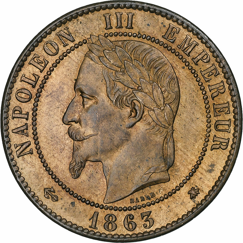 France, Napoleon III, 10 Centimes, 1863, Paris, Bronze, MS(60-62), Gadoury:253