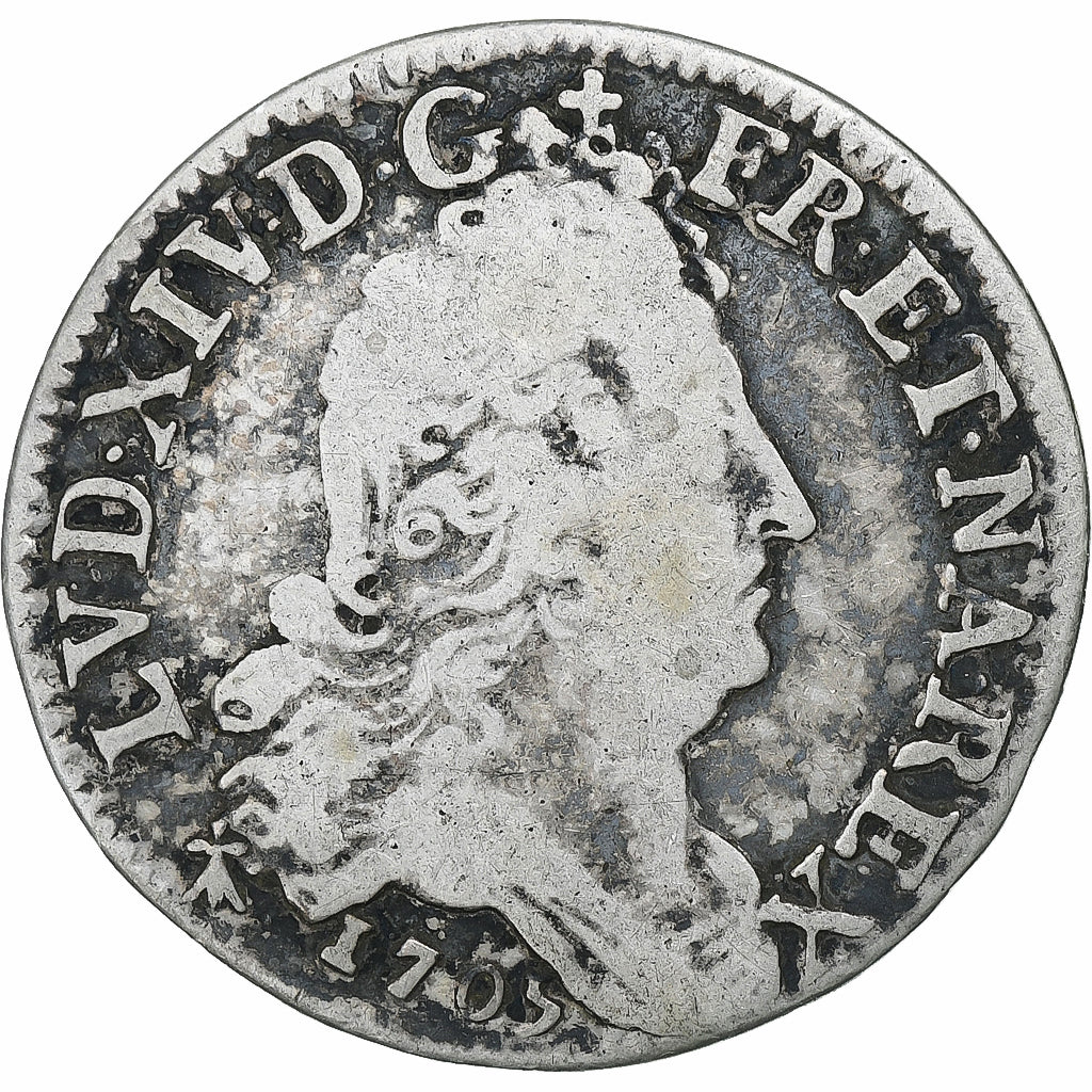 França, Louis XIV, 10 Sols aux 4 couronnes, 1705, Metz, Prata, VF(20-25)