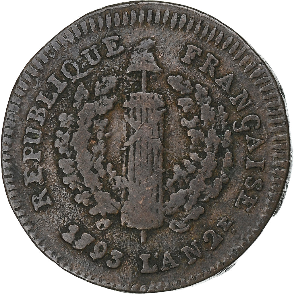 France, 2 Sols, Siège de Mayence, 1793, Mayence, Bronze, VF(30-35), Gadoury:66