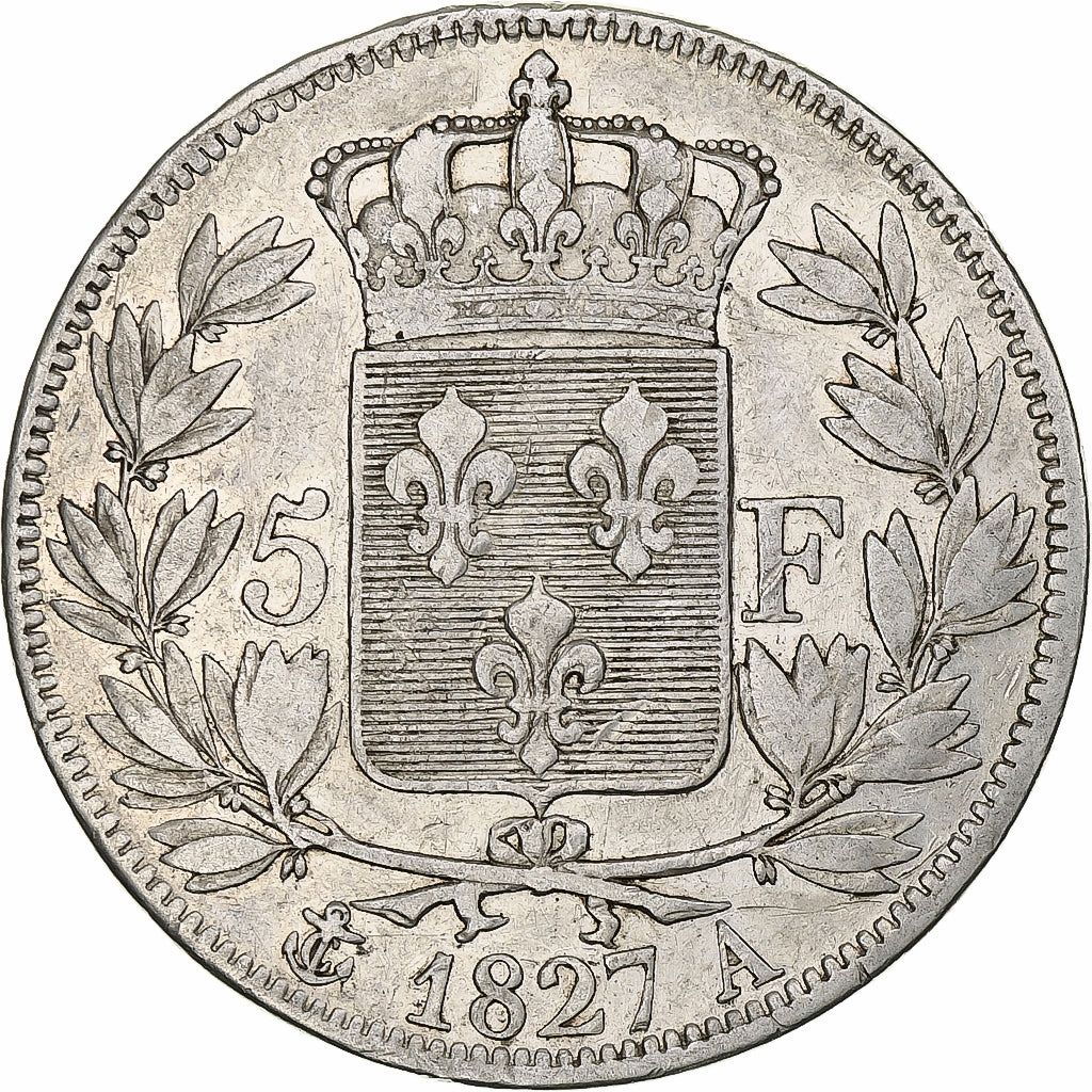 França, Louis-Philippe, 5 Francs, 1827, Paris, Prata, VF(30-35), Gadoury:644