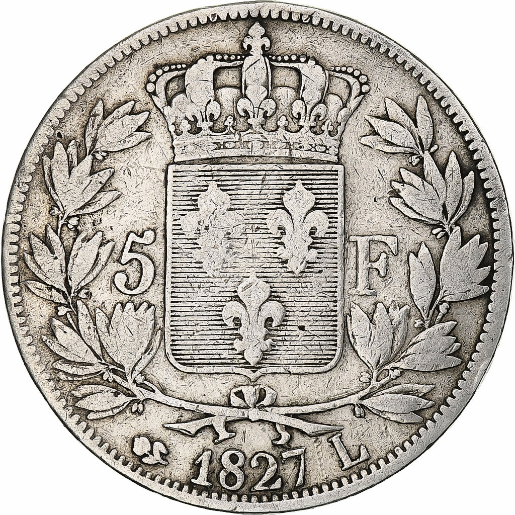 Francia, Charles X, 5 Francs, 1827, Bayonne, Argento, MB+, Gadoury:644, KM:728.8