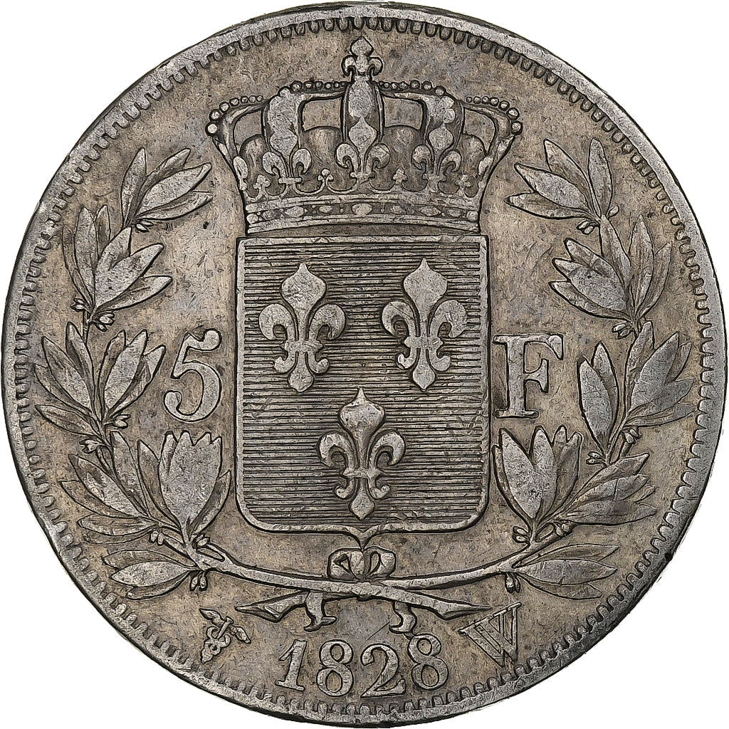 Francia, Louis-Philippe, 5 Francs, 1828, Lille, Plata, BC+, Gadoury:644