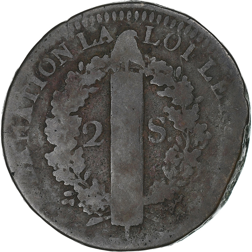France, Louis XVI, 2 sols François, 1792 / AN 4, Arras, Copper, VF(20-25)