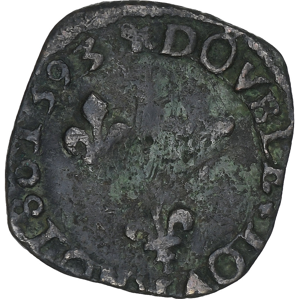 France, Henri IV, Double Tournois, 1593, La Rochelle, Copper, VF(20-25)