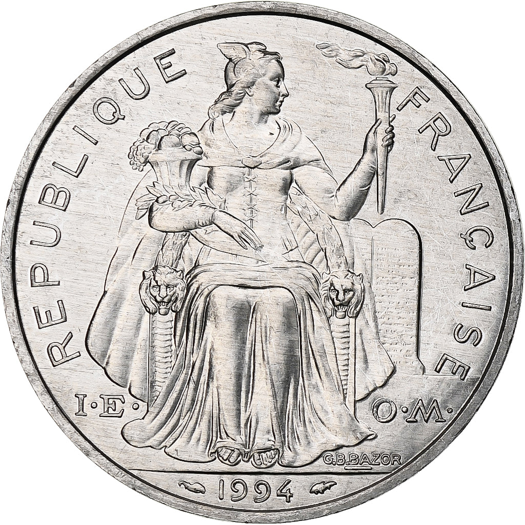 Polinesia francesa, 5 Francs, 1994, Paris, I.E.O.M., Aluminio, SC, KM:12