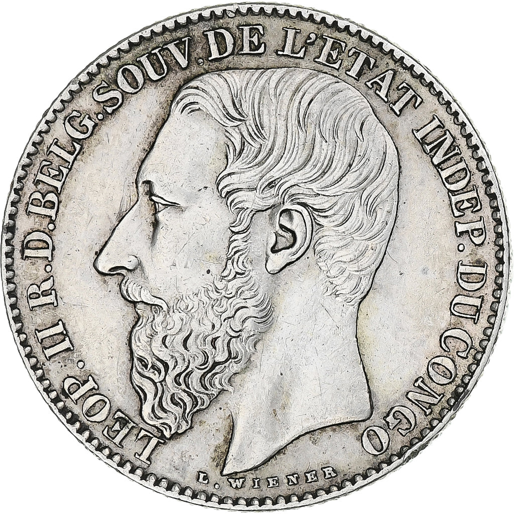 Belgian Congo, Leopold II, 2 Francs, 1887, Brussels, Silver, MS(60-62), KM:7