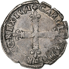 Francia, Charles X, 1/8 Ecu, 1591, Nantes, Plata, BC+, Gadoury:519