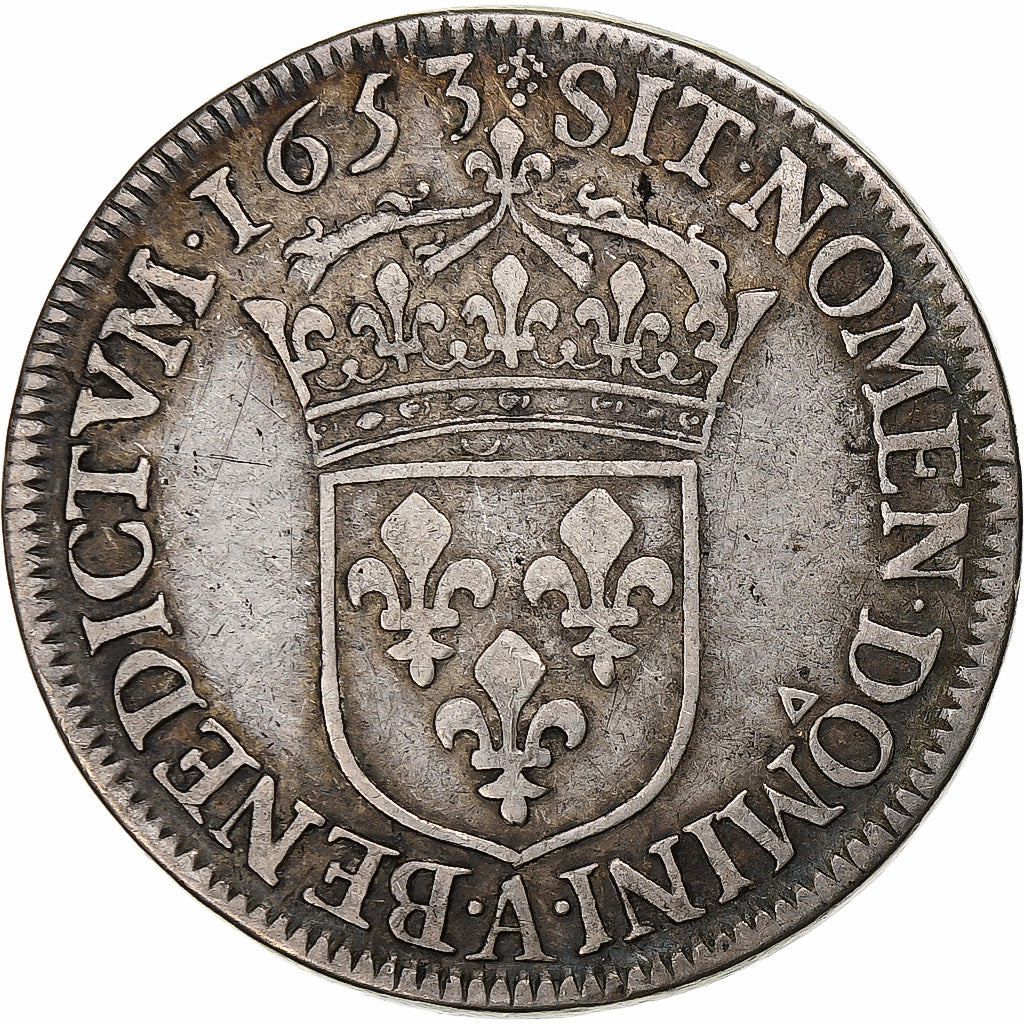 France, Louis XIV, 1/2 Écu à la mèche longue, 1653, Paris, Silver, VF(30-35)