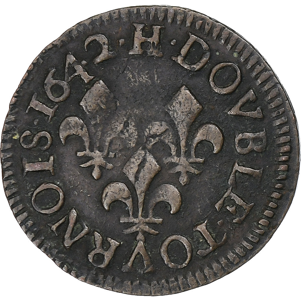 Frankreich, Louis XIII, Double Tournois, 1642, La Rochelle, Kupfer, S+