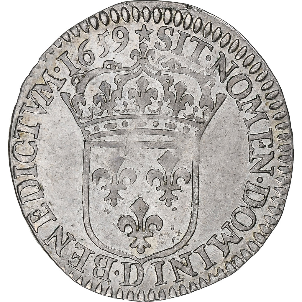 França, Louis XIV, 1/12 Ecu à la mèche longue, 1659, Lyon, Prata, EF(40-45)