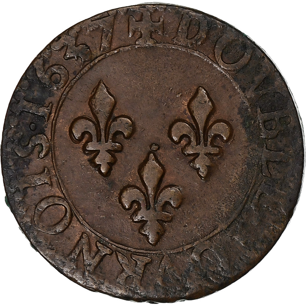 France, Louis XIII, Double Tournois, 1637, Tours, Copper, AU(55-58), Gadoury:11