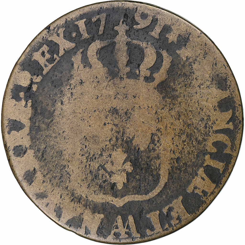 Francia, Louis XVI, Sol, 1791, Metz, Cobre, BC+, Gadoury:350