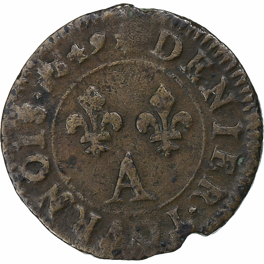 França, Louis XIV, Denier Tournois, 1649, Paris, Cobre, VF(30-35), Gadoury:70