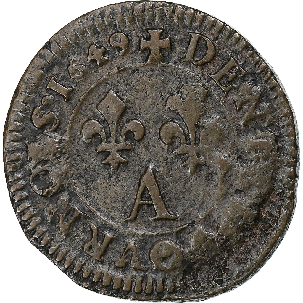 França, Louis XIV, Denier Tournois, 1649, Paris, Cobre, VF(30-35), Gadoury:70
