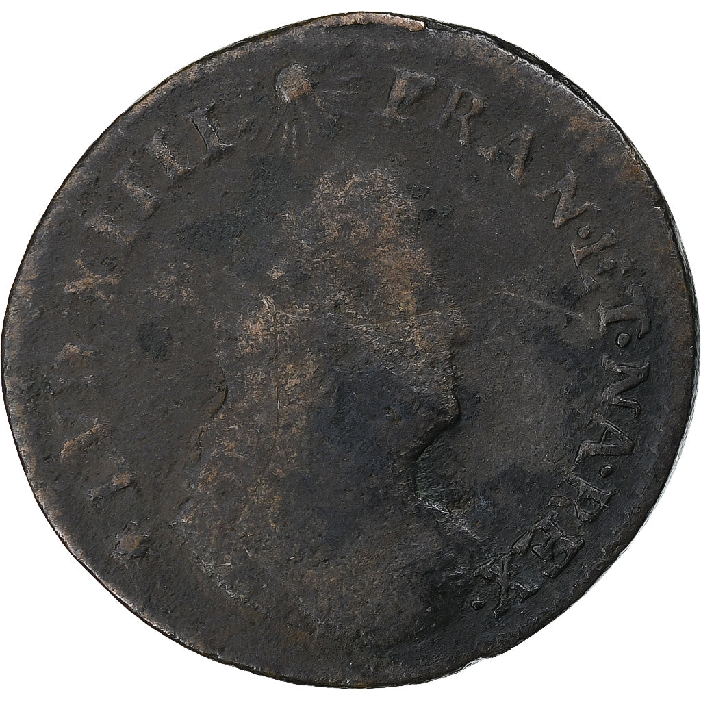 França, Louis XIV, 2 Deniers, 1696, Strasbourg, Cobre, VF(20-25), Gadoury:72
