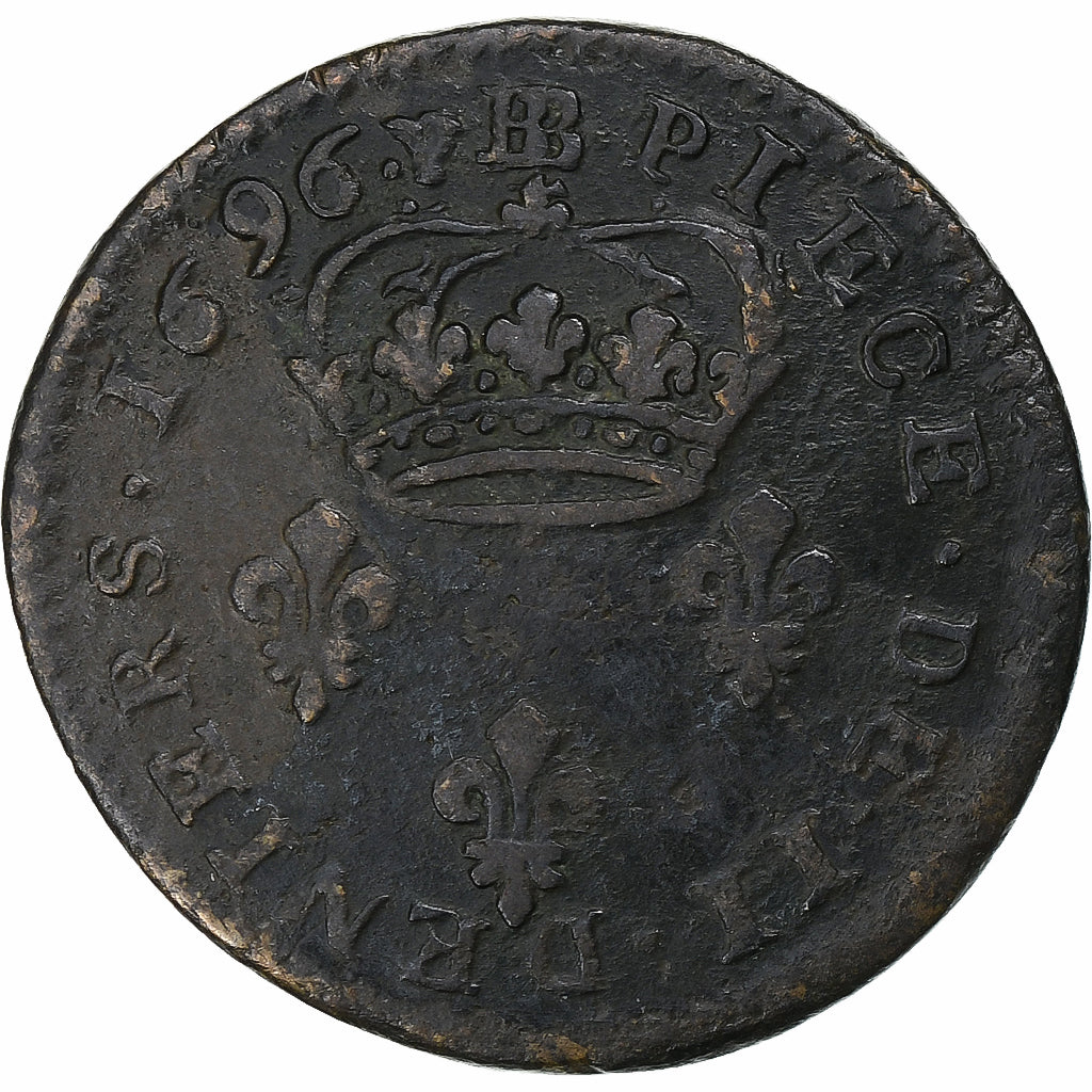 França, Louis XIV, 2 Deniers, 1696, Strasbourg, Cobre, VF(20-25), Gadoury:72