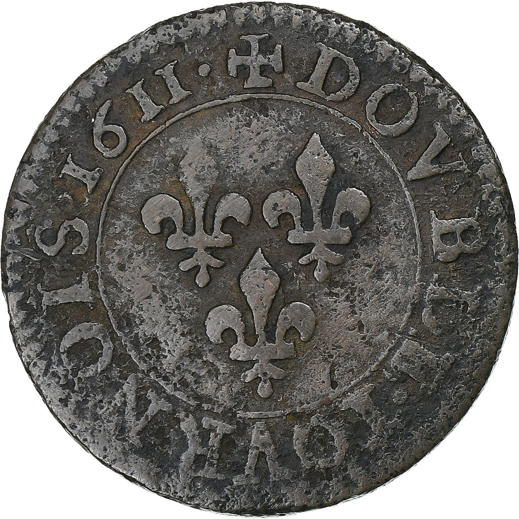 France, Louis XIII, Double Tournois, 1611, Paris, Copper, VF(30-35), Gadoury:5