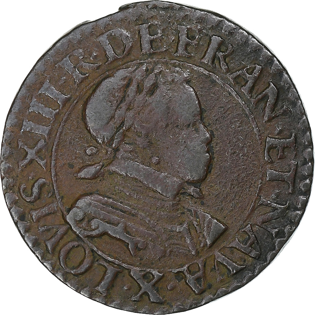 França, Louis XIII, Double Tournois, 1614, Amiens, Cobre, VF(30-35), Gadoury:7