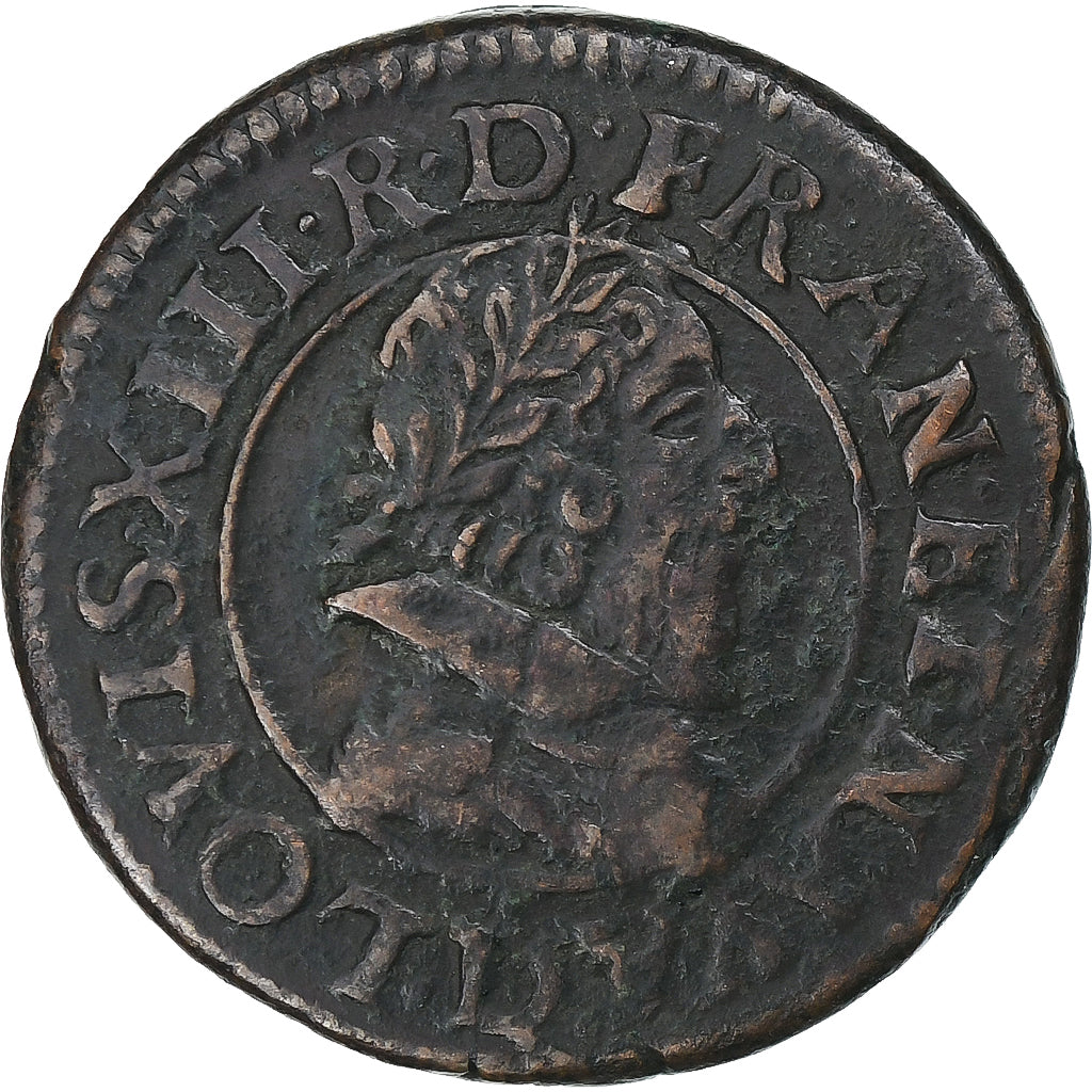 França, Louis XIII, Double Tournois, 1629, Lyon, Cobre, EF(40-45), Gadoury:8