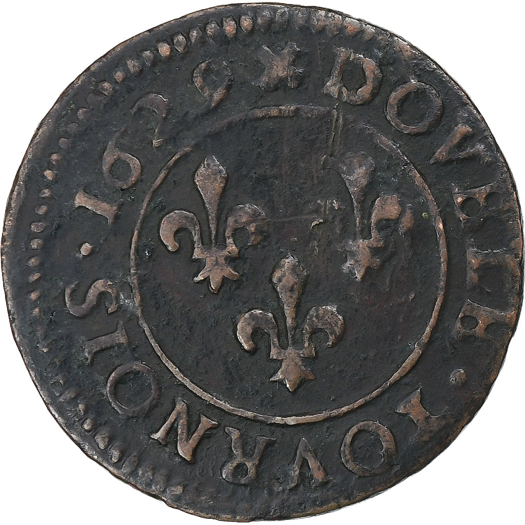 França, Louis XIII, Double Tournois, 1629, Lyon, Cobre, EF(40-45), Gadoury:8