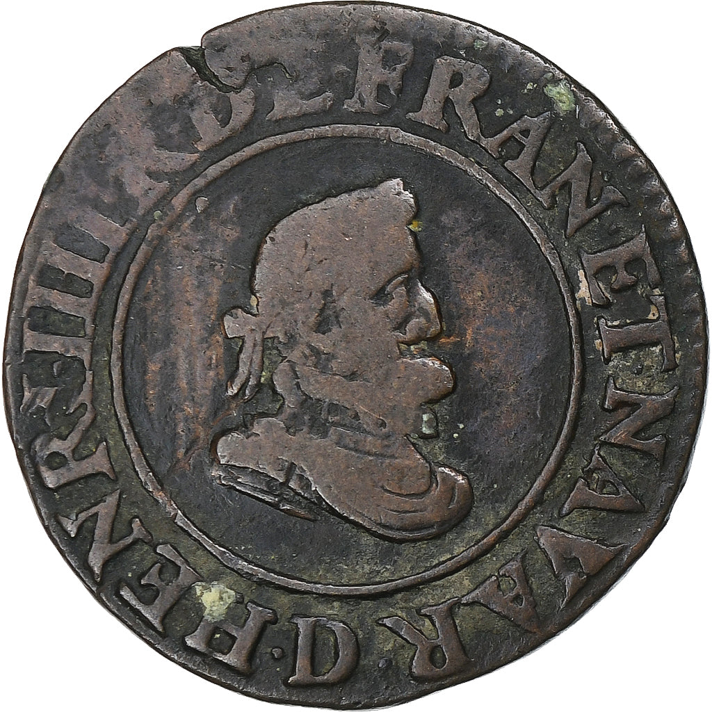France, Henri IV, Double Tournois, 1607, Paris, Copper, VF(30-35), Gadoury:538