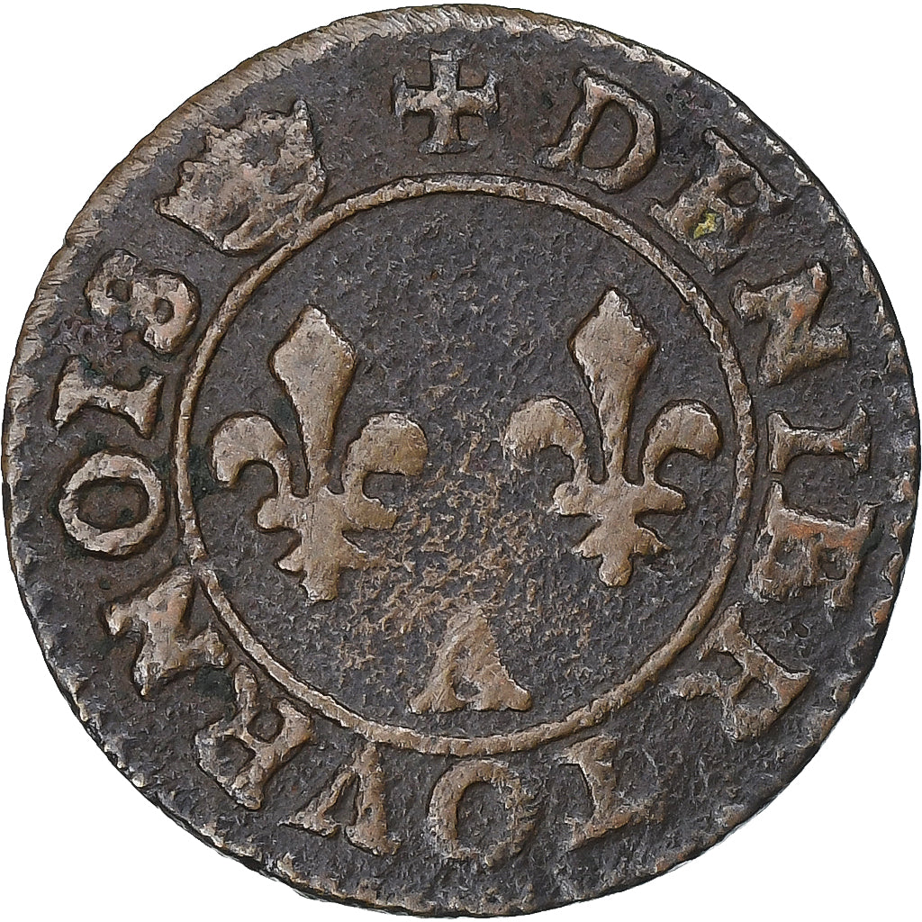 França, Henri III, Denier Tournois, Paris, Couronne, Cobre, VF(20-25)