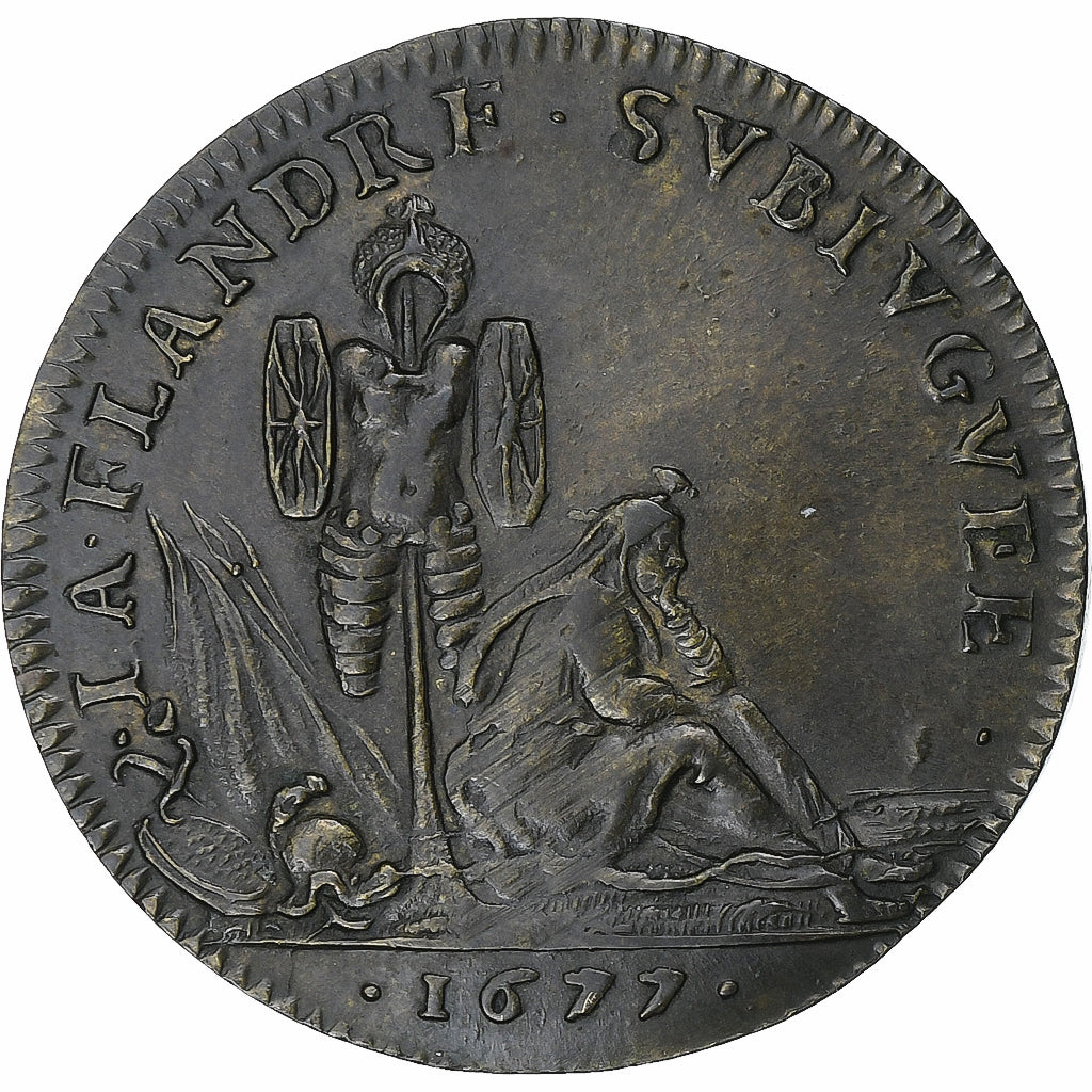 France, Token, Louis XIV, La Flandre Subjuguée, 1677, Copper, EF(40-45)