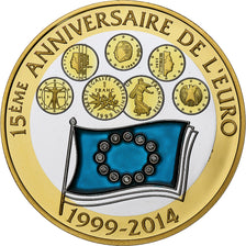France, Medal, 15 ans de l'euro, 2014, Silver, proof, colourized, MS(65-70)