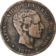 España, Alfonso XII, 10 Centimos, 1879, Barcelona, Cobre, BC+, KM:675