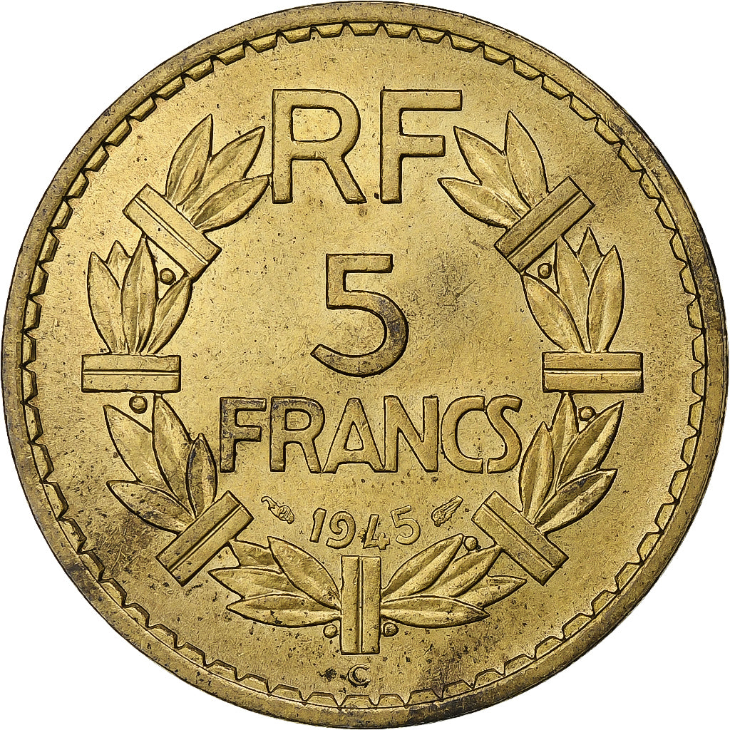 France, 5 Francs, Lavrillier, 1945, Castelsarrasin, Aluminum-Bronze, AU(55-58)