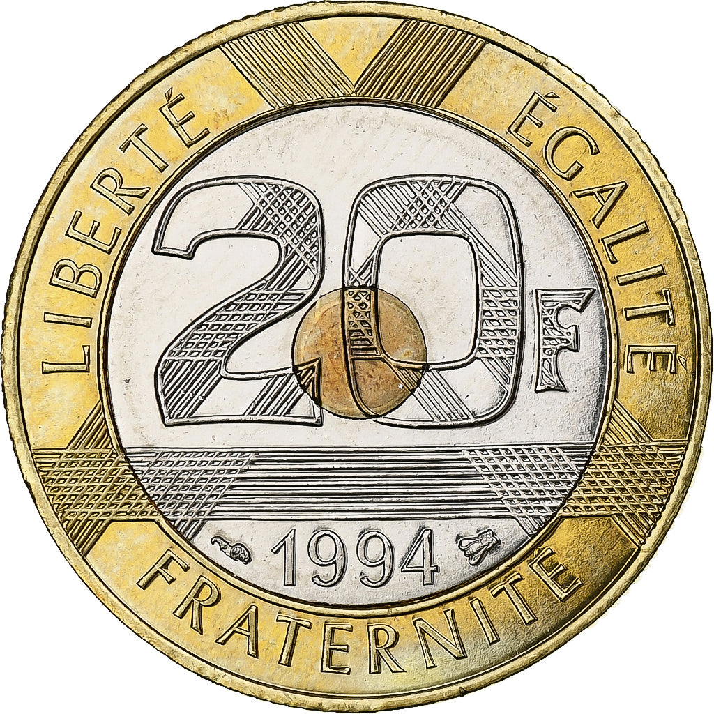 France, 20 Francs, Mont Saint Michel, 1994, Pessac, Tri-Metallic, MS(63)
