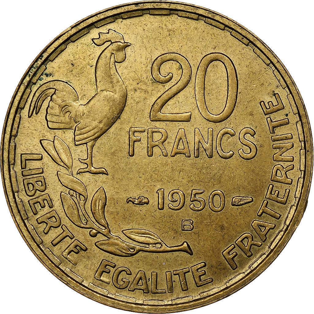 Francja, 20 Francs, Guiraud, 1950, Beaumont-Le-Roger, 3 faucilles, Brązal
