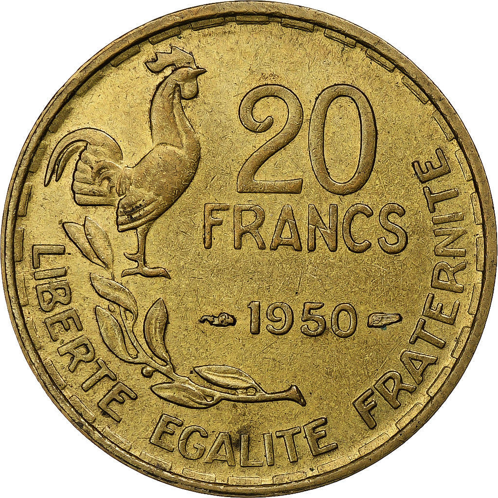 France, 20 Francs, Guiraud, 1950, Paris, 3 faucilles, Cupro-Aluminium