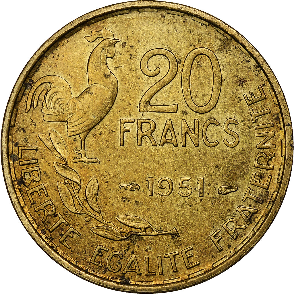 France, 20 Francs, Guiraud, 1951, Paris, Cupro-Aluminium, AU(55-58)