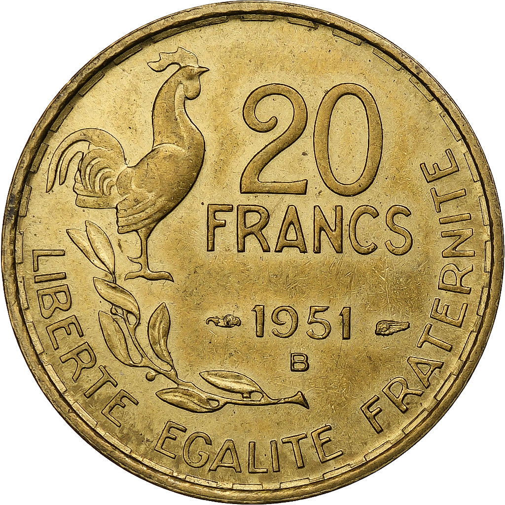 Francja, 20 Francs, Guiraud, 1951, Beaumont-Le-Roger, Brązal, AU(50-53)