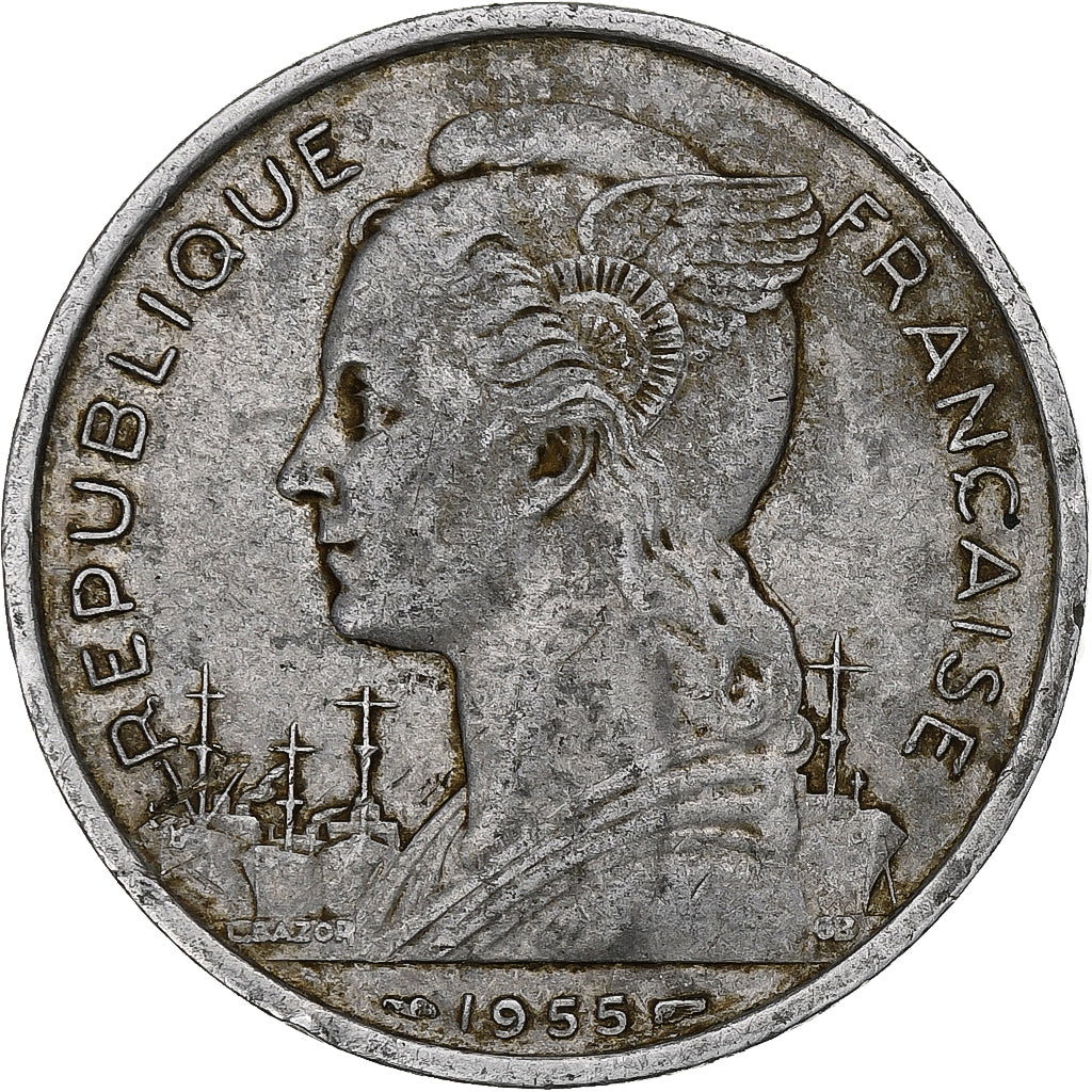 Réunion, 5 Francs, Bazor, 1955, Paris, Aluminum, VF(30-35), KM:9