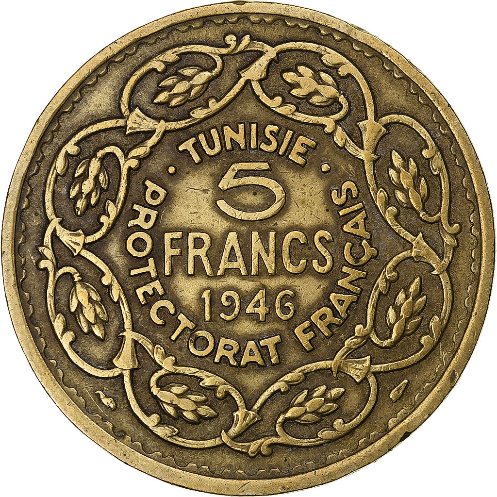 Frankrijk, Tunisie, Muhammad VIII, 5 Francs, 1946, Paris, Aluminum-Bronze, ZF