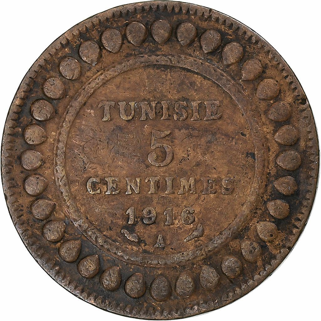 Frankreich, Tunisie, Muhammad V, 5 Centimes, 1916, Paris, Bronze, S+, KM:235