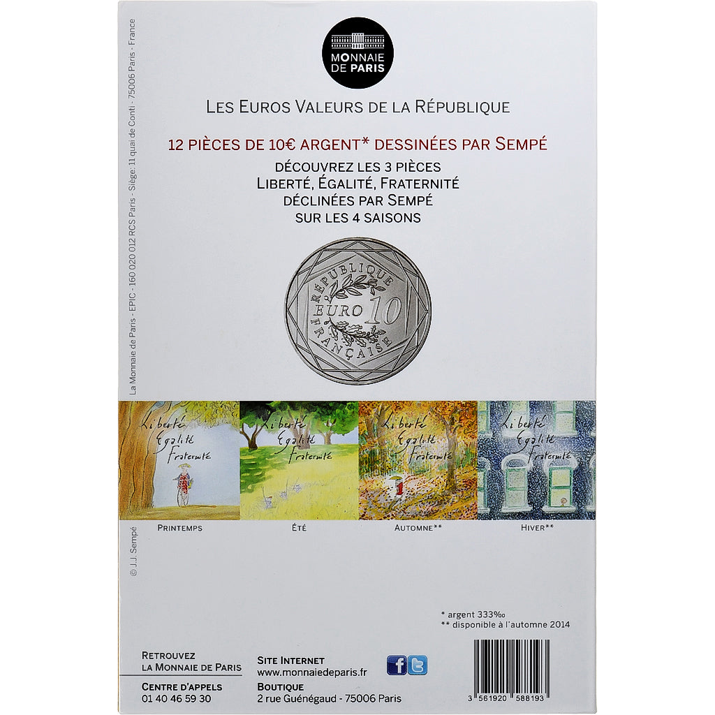 France, 10 Euro, Sempé - Printemps - Égalité, 2014, MDP, Argent, FDC