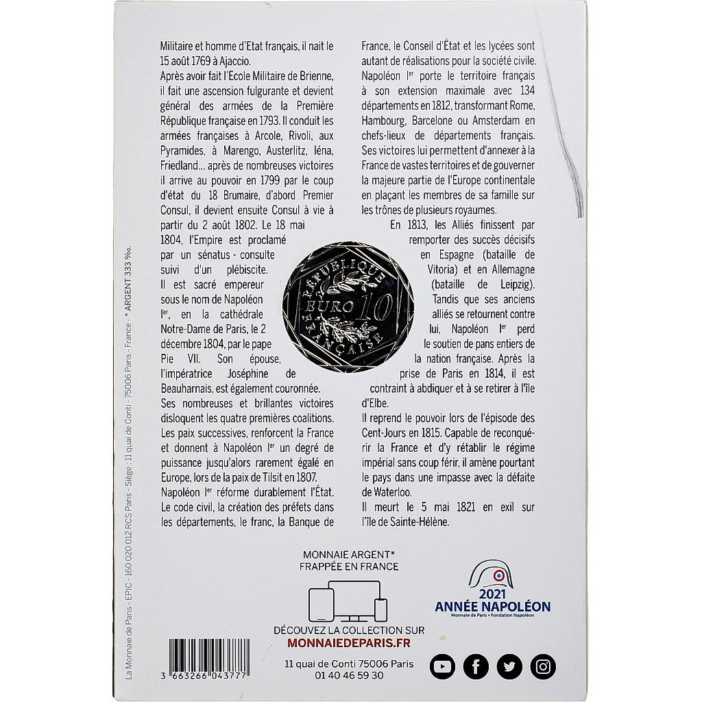 France, 10 Euro, 200 Ans de la Mort de Napoléon, 2021, MDP, Argent, FDC