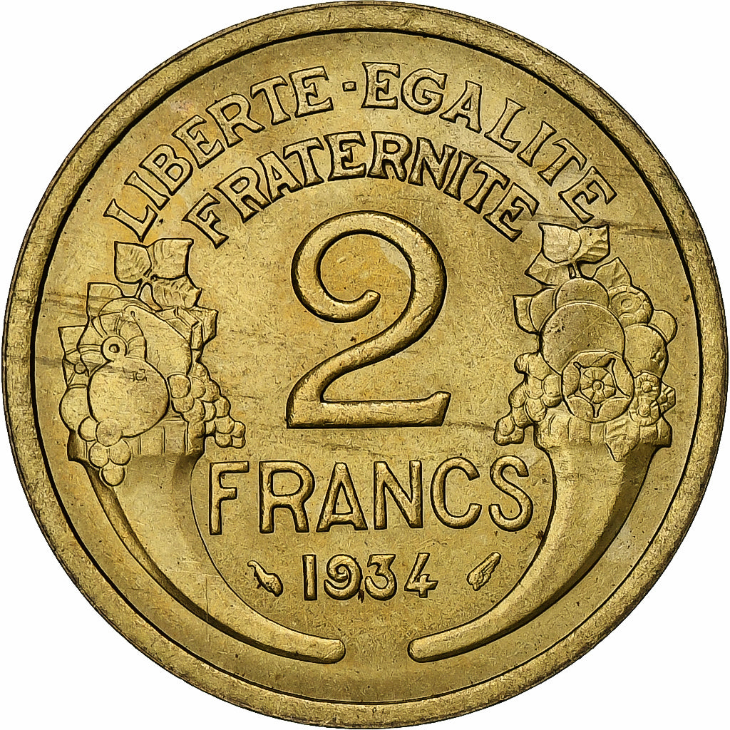 France, 2 Francs, Morlon, 1934, Paris, Cupro-Aluminium, MS(60-62), Gadoury:535