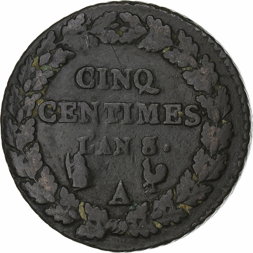 Frankrijk, 5 Centimes, Dupré, AN 8/5, Paris, Bronzen, FR+, Gadoury:126a, KM:640