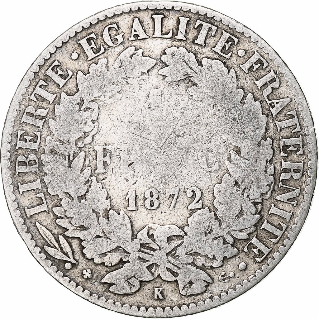 Francia, Franc, Cérès, 1872, Bordeaux, Argento, MB, Gadoury:465a, KM:822.2